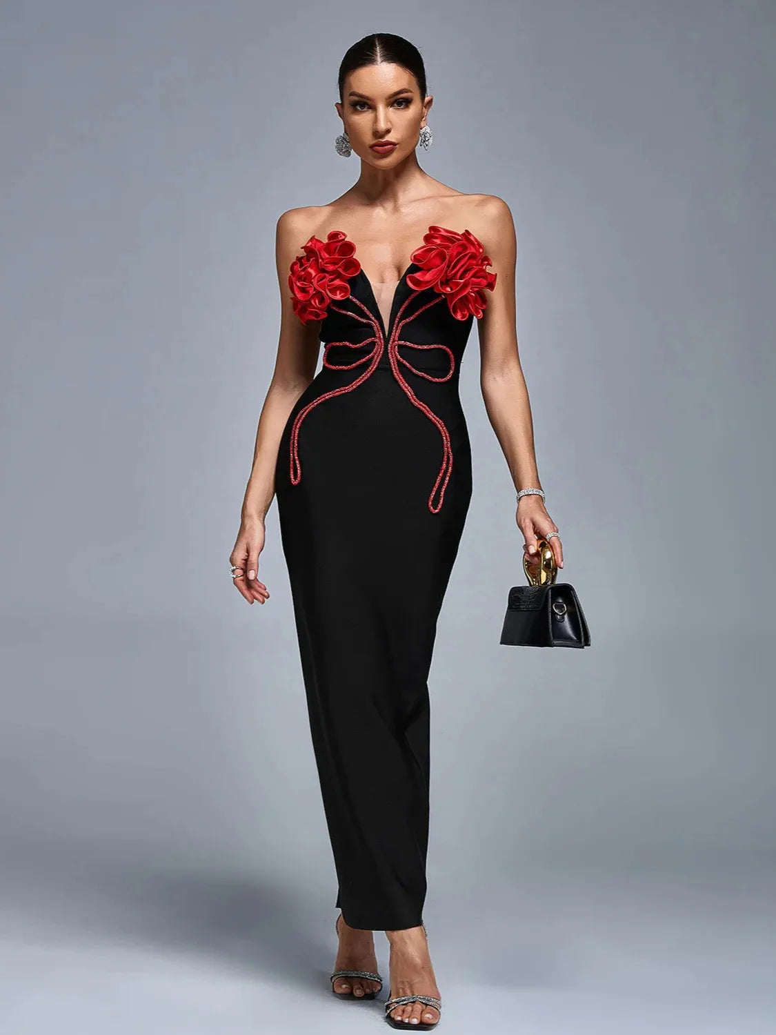 Women summer Fashion black sexy flower rhinestone off shoulder slim bandage dress elegant evening party dress