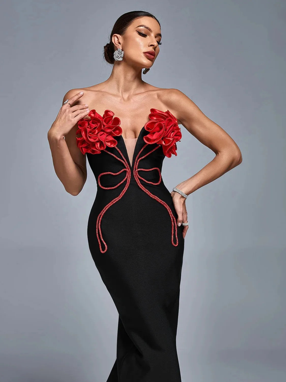 Women summer Fashion black sexy flower rhinestone off shoulder slim bandage dress elegant evening party dress