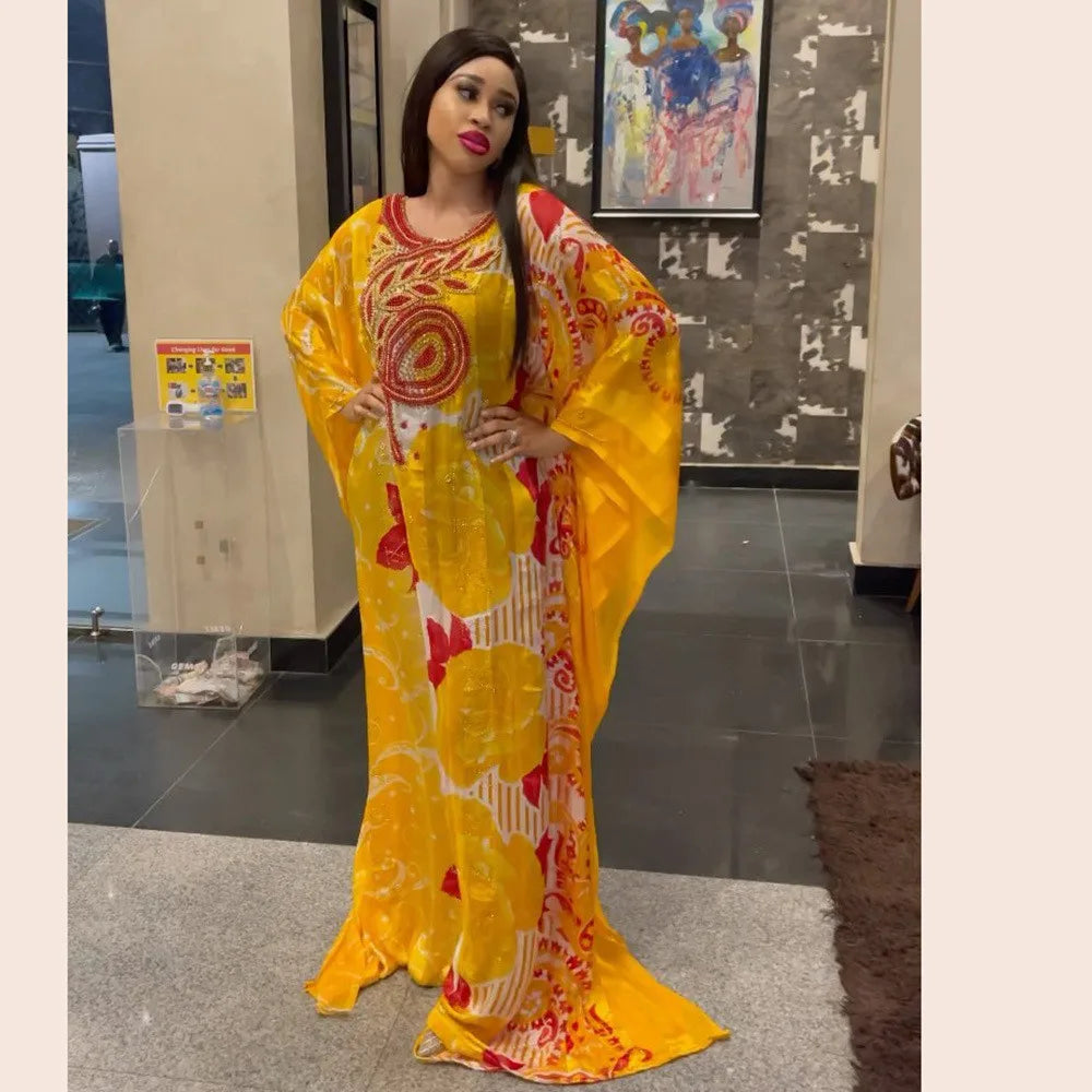 African Dashiki Women Loose Maxi Dress Diamonds Beads Abaya Dubai Kaftan Moroccan Gown Muslim Traditional Clothing Nigeria Robe