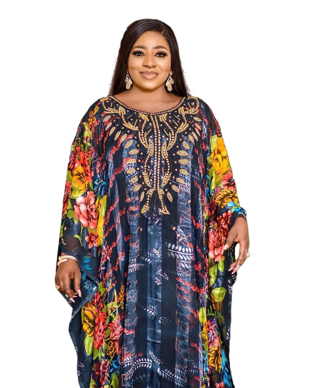 African mothers' large-swing dress quality chiffon fabric luxury artificial stone cannon bead decoration with black elastic vest