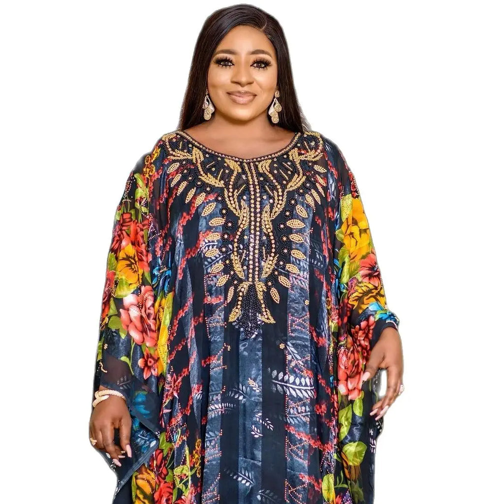African mothers' large-swing dress quality chiffon fabric luxury artificial stone cannon bead decoration with black elastic vest