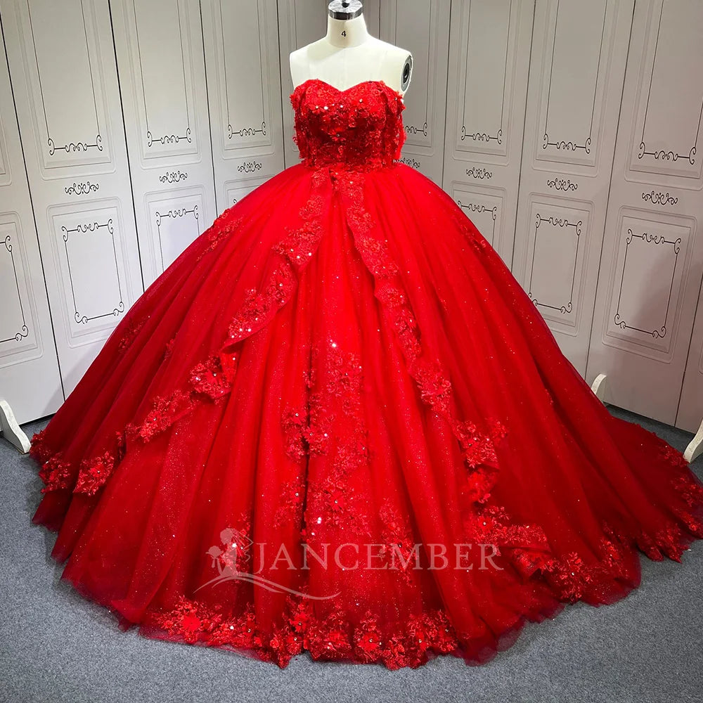 Jancember LSMU76 Elegant Red Flower Pattern Evening Quinceanera 15 Xv Anos Dresses