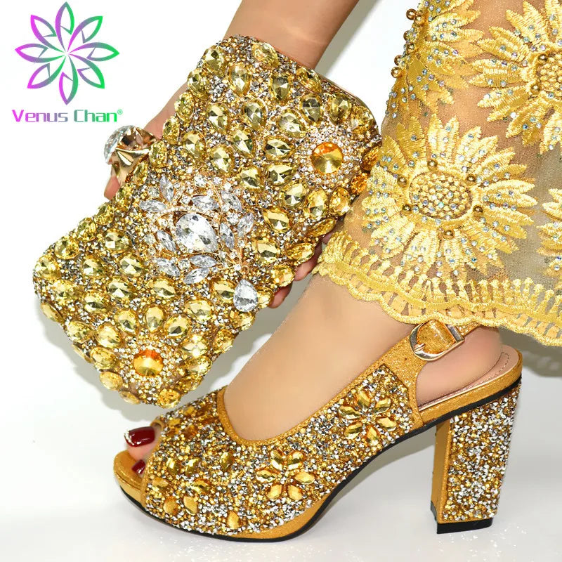New Shoe and Matching Bag for Nigeria Party Slip on Shoes for Women Ladies Italian Shoes and Bag Set Decorated with Rhinestone