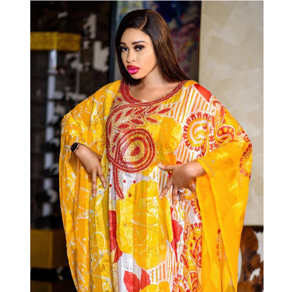 African Dashiki Women Loose Maxi Dress Diamonds Beads Abaya Dubai Kaftan Moroccan Gown Muslim Traditional Clothing Nigeria Robe