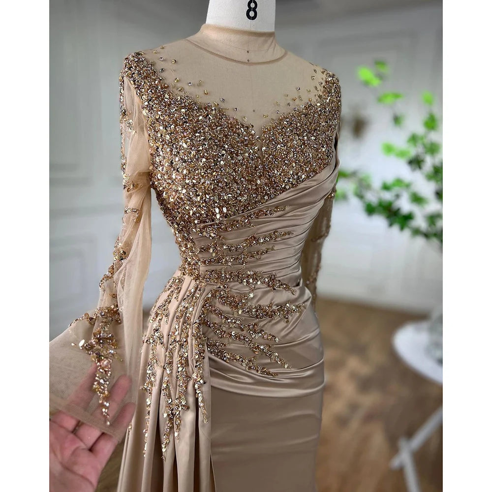 Serene Hill Long Sleeves High Neck Mermaid Evening Dresses with Skirt Satin Party Gowns for Women LA71804 Rts