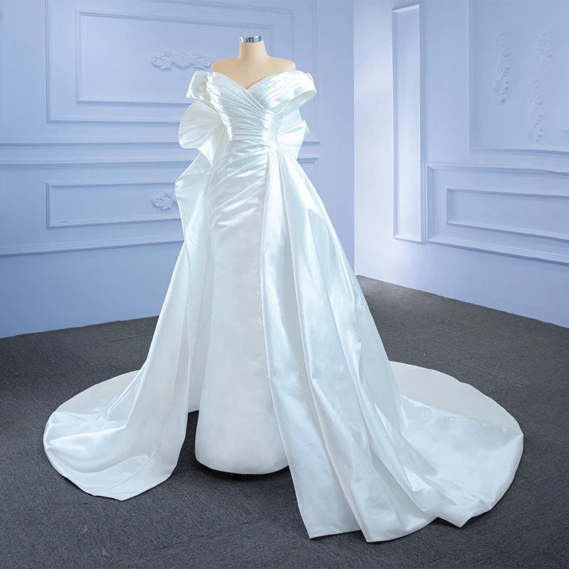 Jancember Elegant Soft Satin Asymmetric Bridal Ivory Wedding Mermaid Dress with Overskirt RSM67277