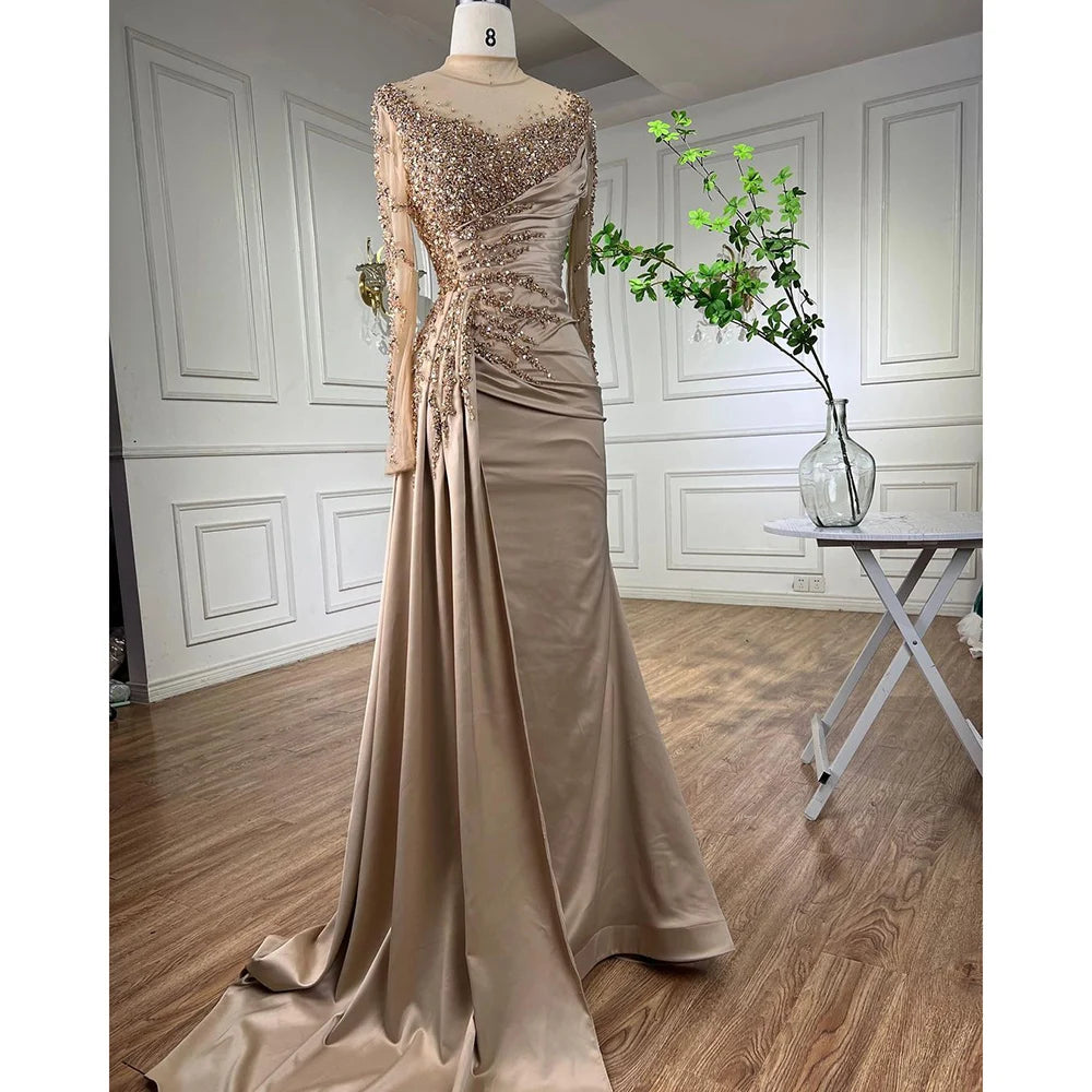 Serene Hill Long Sleeves High Neck Mermaid Evening Dresses with Skirt Satin Party Gowns for Women LA71804 Rts
