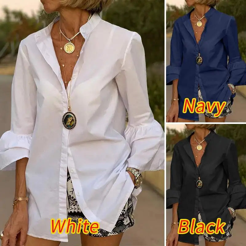 VONDA White Shirts Summer Women Elegant Solid Flare Sleeve Blouse 2023 Fashion Sexy V Neck Office Tunic Tops Femininas Blusas