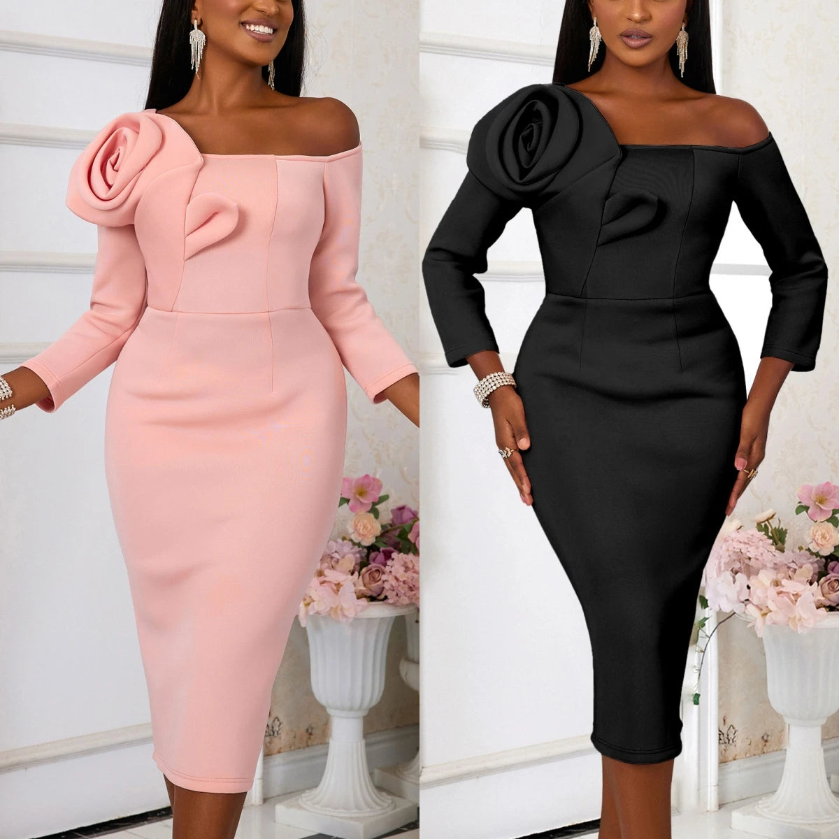 215 Chic Design 2025 Women Plus Size Dress Cross-border Designer Three-dimensional Flower Sheath Elegant Long Party Dresses