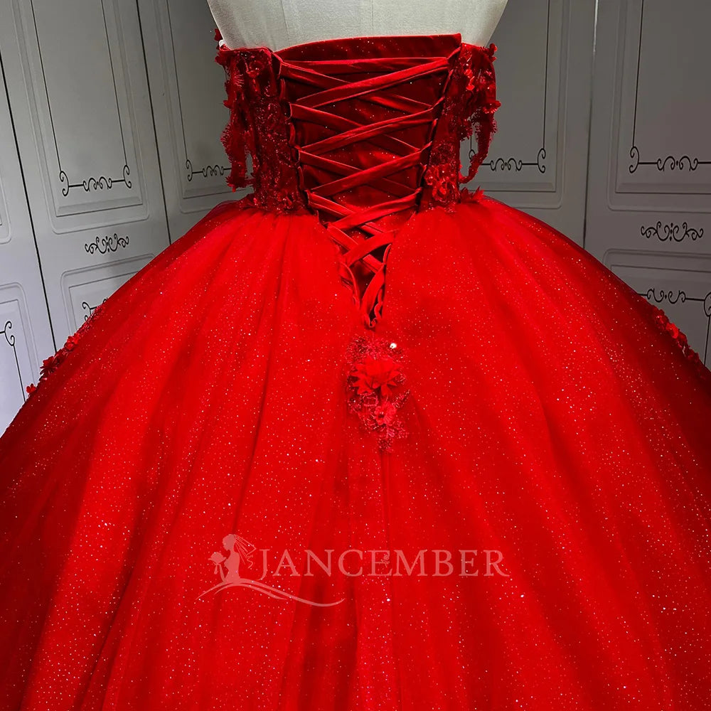Jancember LSMU76 Elegant Red Flower Pattern Evening Quinceanera 15 Xv Anos Dresses