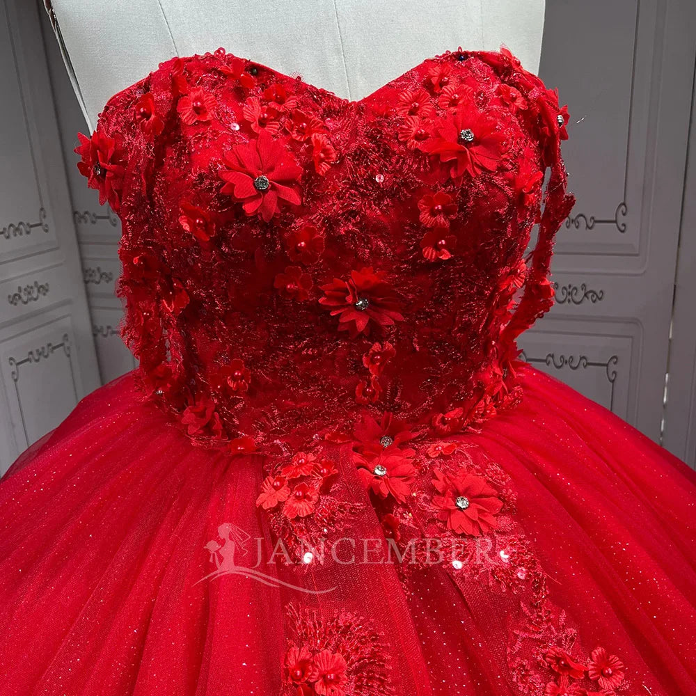 Jancember LSMU76 Elegant Red Flower Pattern Evening Quinceanera 15 Xv Anos Dresses