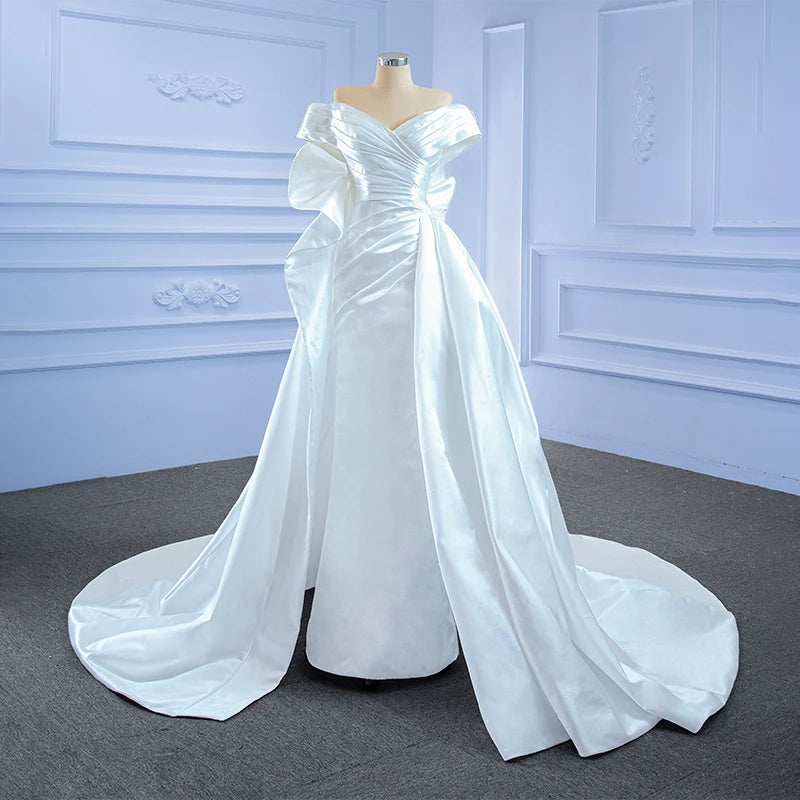 Jancember Elegant Soft Satin Asymmetric Bridal Ivory Wedding Mermaid Dress with Overskirt RSM67277