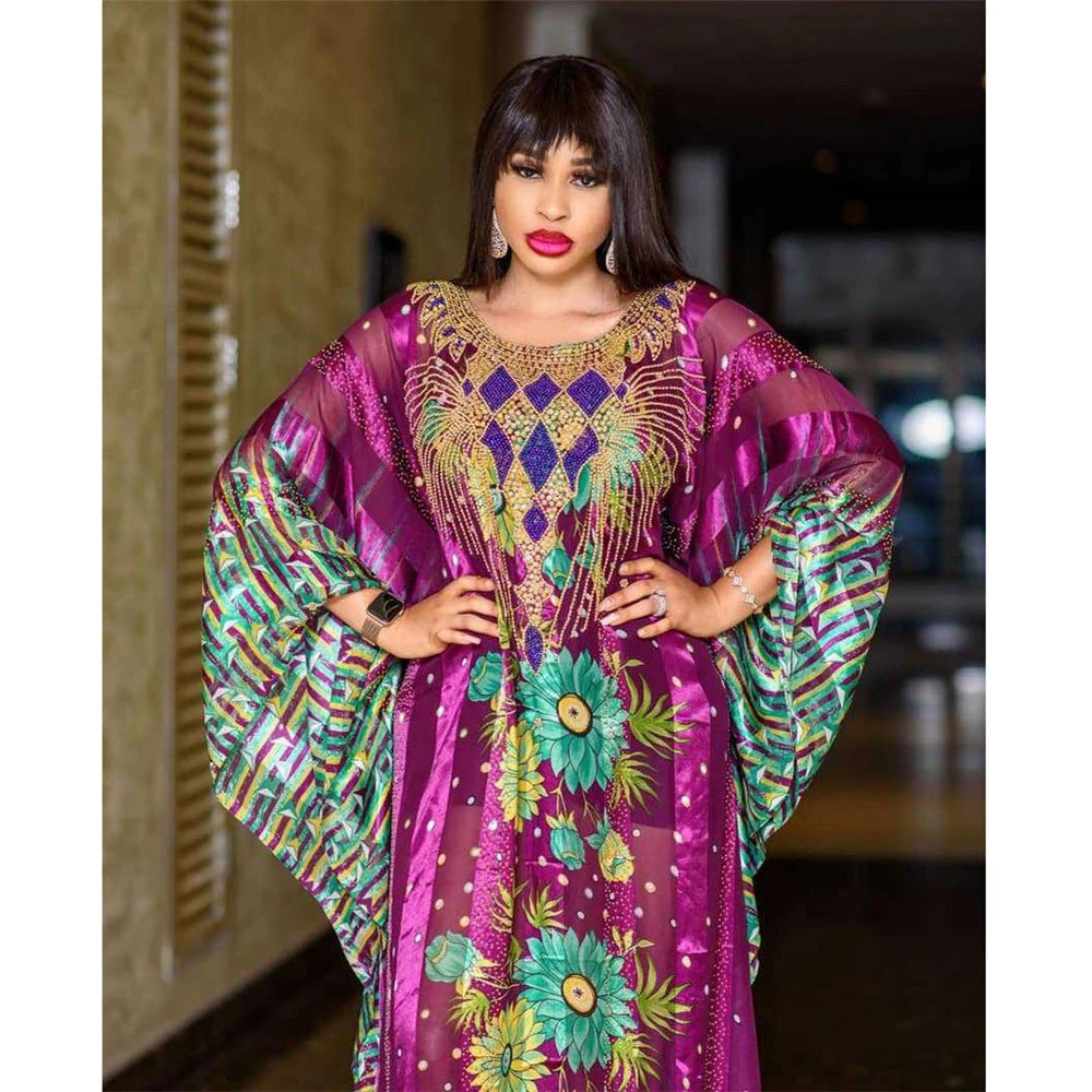 African Dashiki Women Loose Maxi Dress Diamonds Beads Abaya Dubai Kaftan Moroccan Gown Muslim Traditional Clothing Nigeria Robe