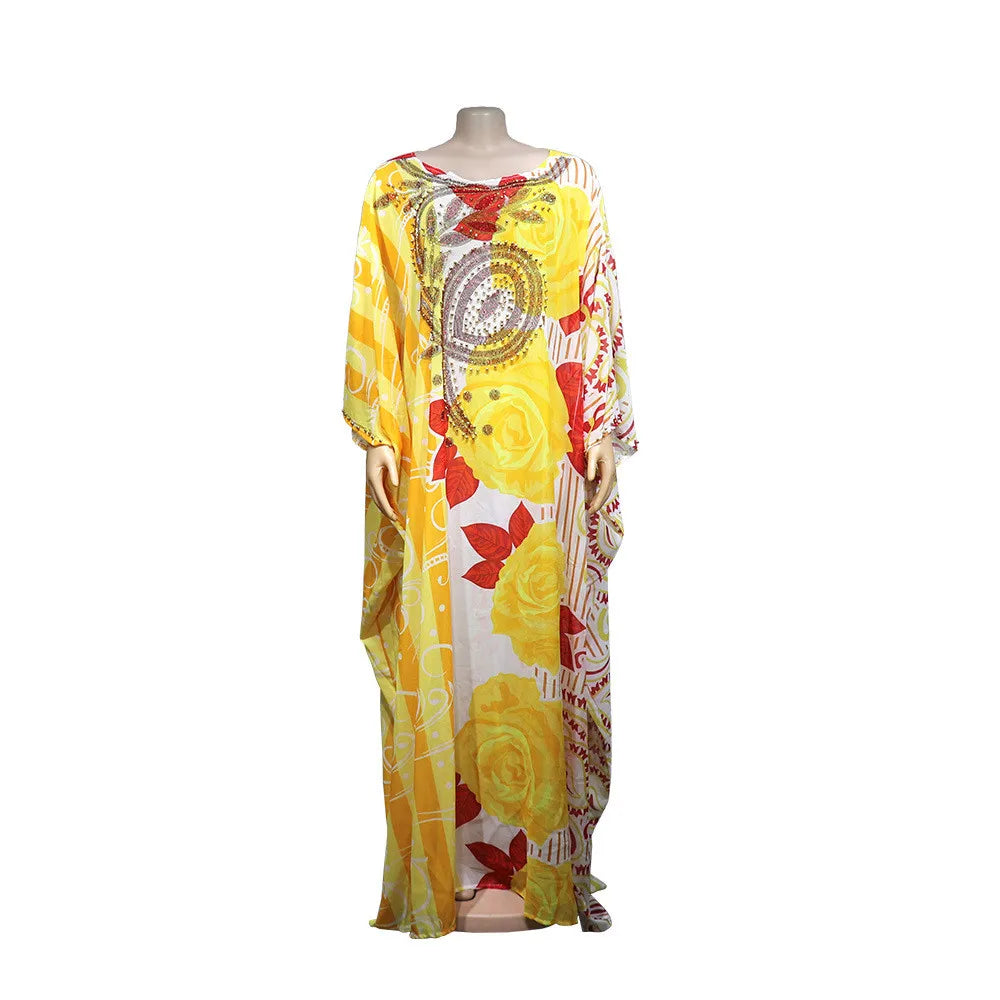 African Dashiki Women Loose Maxi Dress Diamonds Beads Abaya Dubai Kaftan Moroccan Gown Muslim Traditional Clothing Nigeria Robe