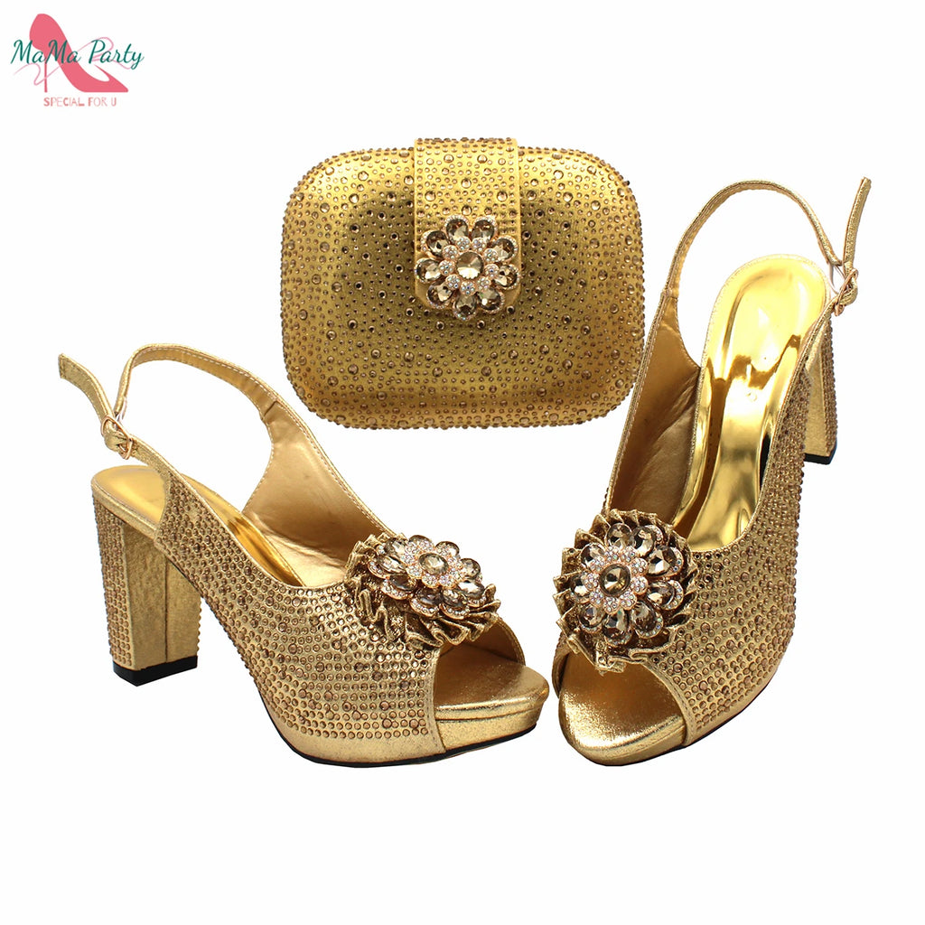 African Mature Women Shoes and Bag to Match in Teal Color Comfortable Heels with Platform for Garden Party