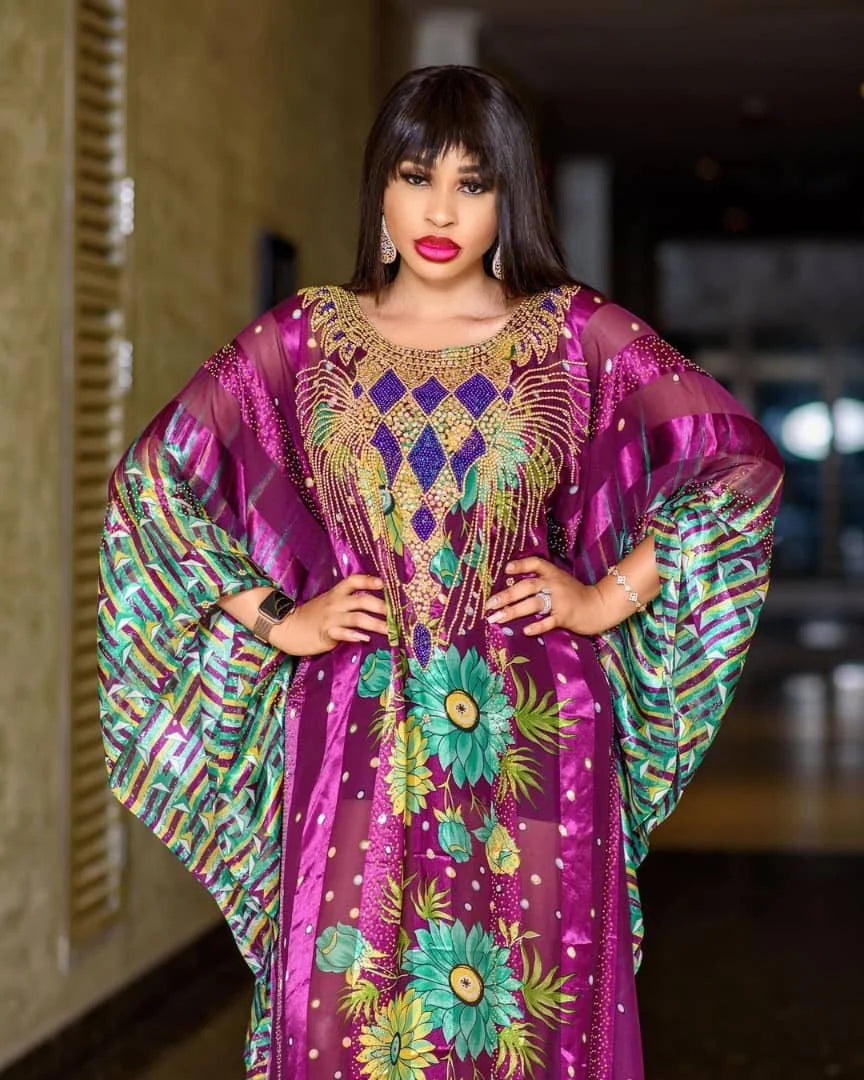 African mothers' large-swing dress quality chiffon fabric luxury artificial stone cannon bead decoration with black elastic vest