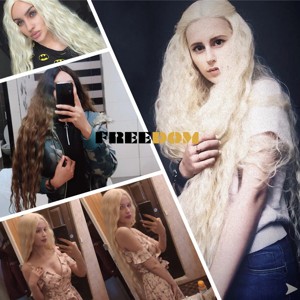FREEDOM Synthetic Lace Frontal Wig For Women 42 Inch Long Curly Lace Wigs Ombre Brown Highlight Ginger White Pink Cosplay Wig