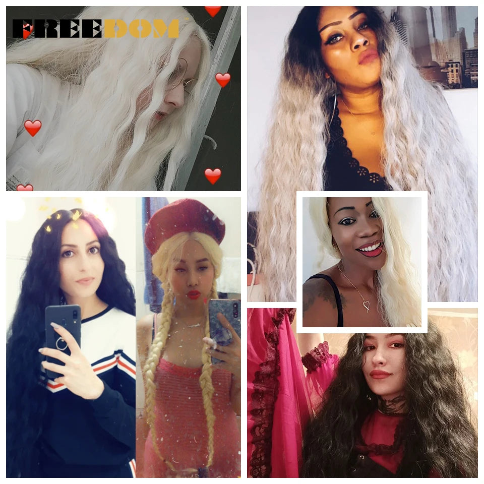 FREEDOM Synthetic Lace Frontal Wig For Women 42 Inch Long Curly Lace Wigs Ombre Brown Highlight Ginger White Pink Cosplay Wig