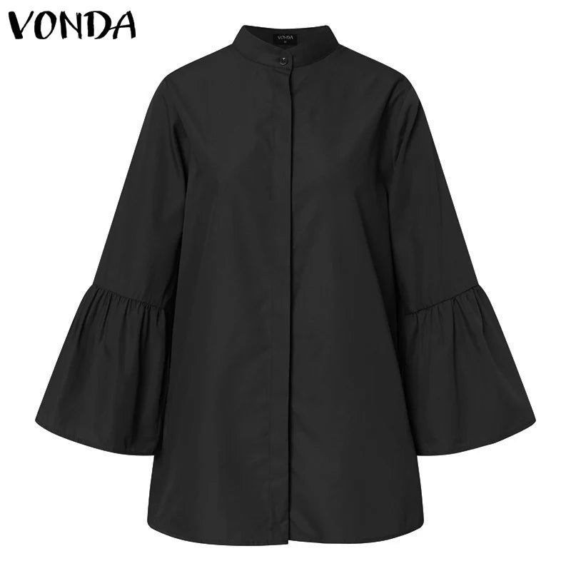 VONDA White Shirts Summer Women Elegant Solid Flare Sleeve Blouse 2023 Fashion Sexy V Neck Office Tunic Tops Femininas Blusas