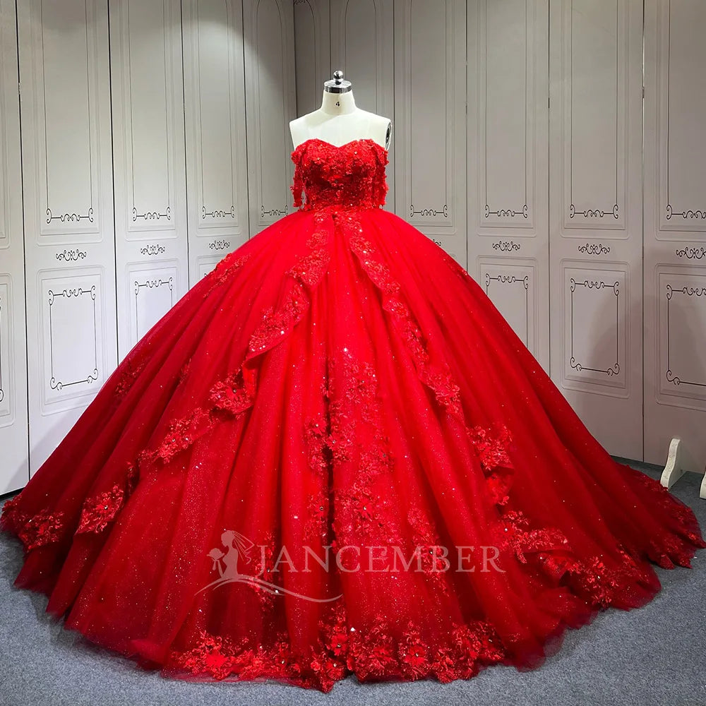 Jancember LSMU76 Elegant Red Flower Pattern Evening Quinceanera 15 Xv Anos Dresses
