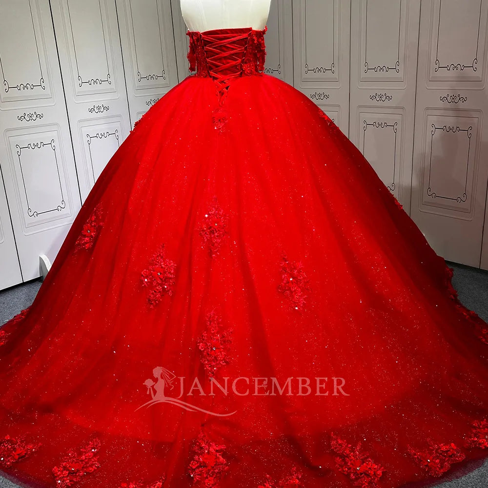 Jancember LSMU76 Elegant Red Flower Pattern Evening Quinceanera 15 Xv Anos Dresses