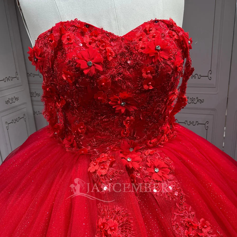 Jancember LSMU76 Elegant Red Flower Pattern Evening Quinceanera 15 Xv Anos Dresses