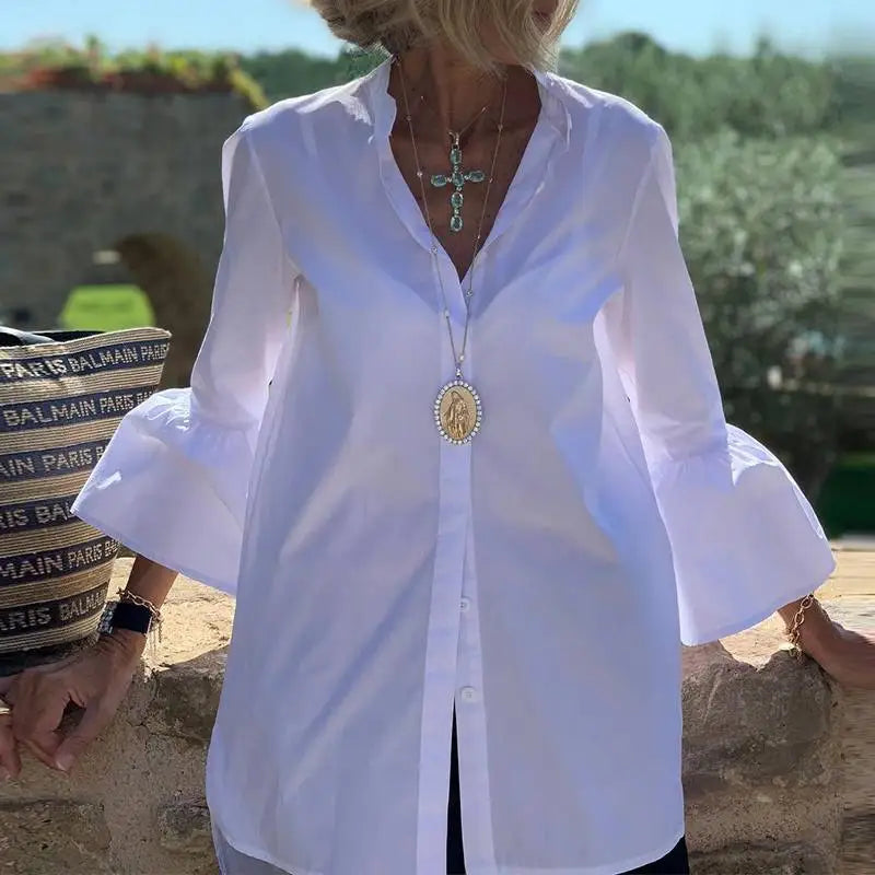VONDA White Shirts Summer Women Elegant Solid Flare Sleeve Blouse 2023 Fashion Sexy V Neck Office Tunic Tops Femininas Blusas