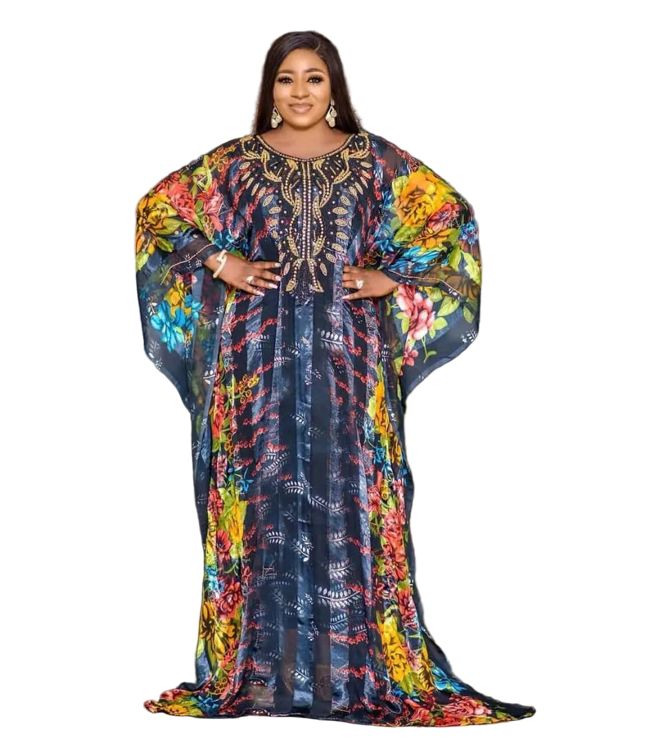 African mothers' large-swing dress quality chiffon fabric luxury artificial stone cannon bead decoration with black elastic vest