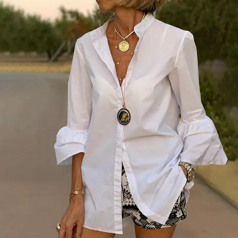 VONDA White Shirts Summer Women Elegant Solid Flare Sleeve Blouse 2023 Fashion Sexy V Neck Office Tunic Tops Femininas Blusas