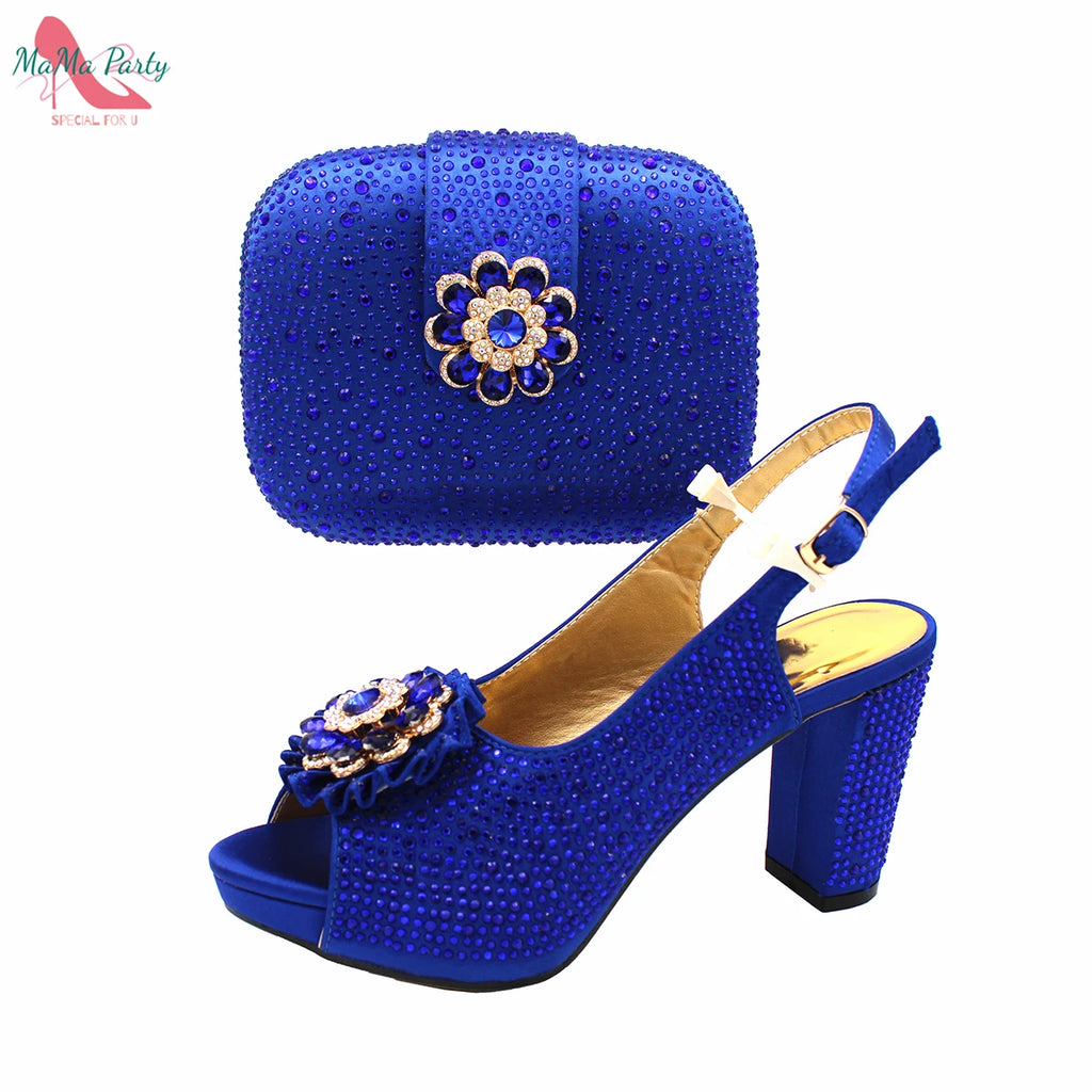 African Mature Women Shoes and Bag to Match in Teal Color Comfortable Heels with Platform for Garden Party