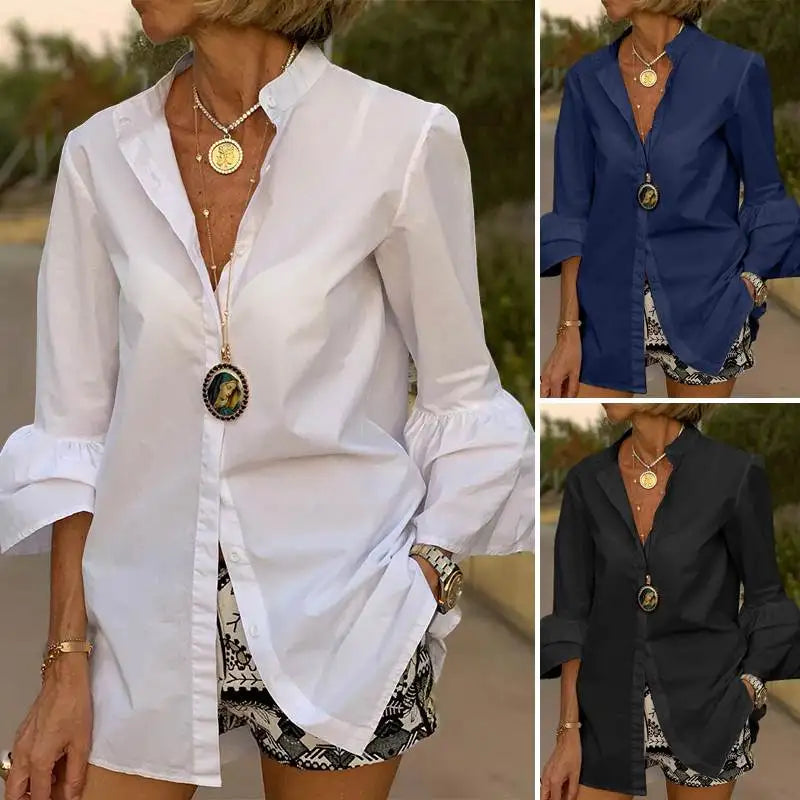 VONDA White Shirts Summer Women Elegant Solid Flare Sleeve Blouse 2023 Fashion Sexy V Neck Office Tunic Tops Femininas Blusas