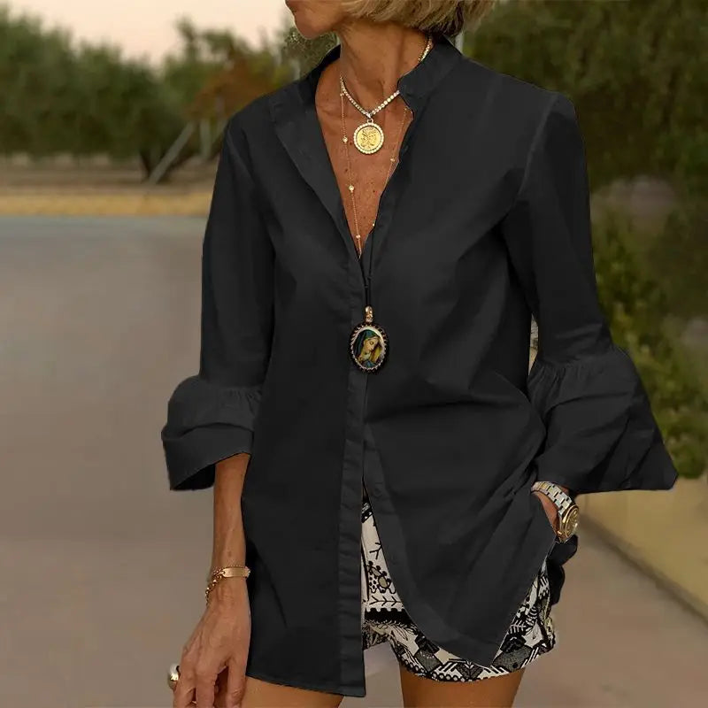 VONDA White Shirts Summer Women Elegant Solid Flare Sleeve Blouse 2023 Fashion Sexy V Neck Office Tunic Tops Femininas Blusas