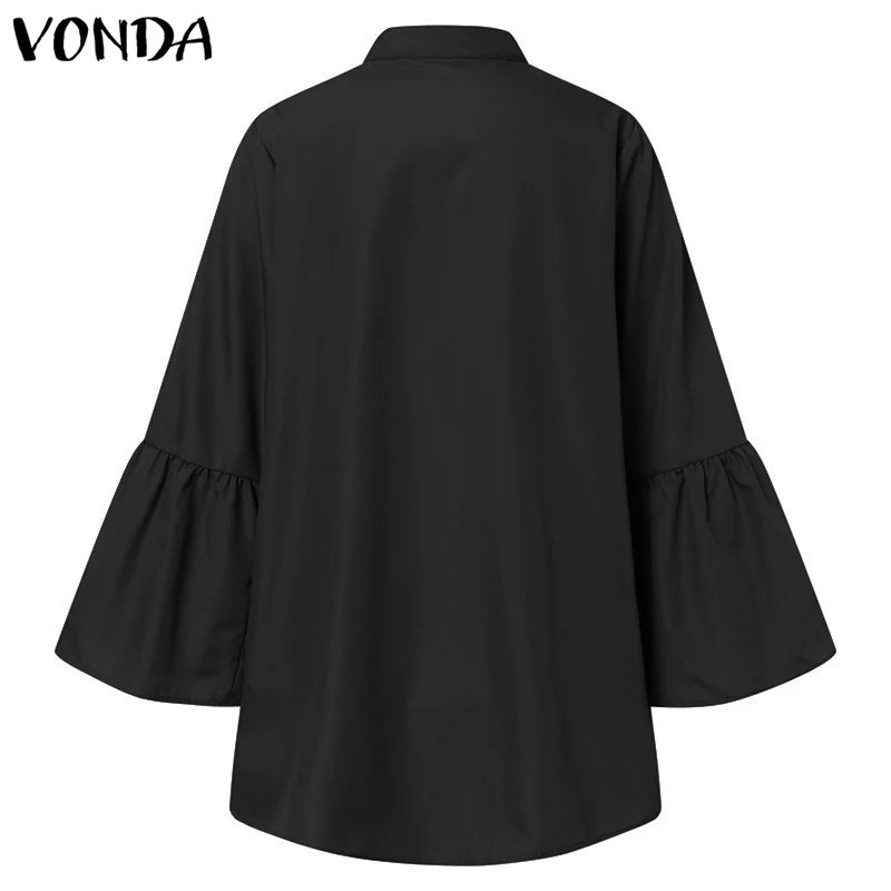 VONDA White Shirts Summer Women Elegant Solid Flare Sleeve Blouse 2023 Fashion Sexy V Neck Office Tunic Tops Femininas Blusas
