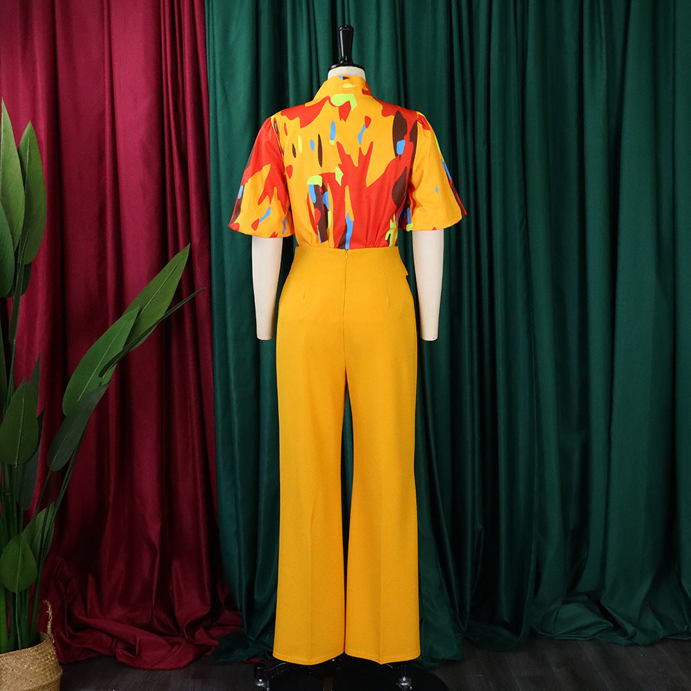 Women Two Pieces Set Printed Blouses Shirts Vintage Bow Collar with High Waist Pants Elegant Spring Fashion Office Ladies Suits