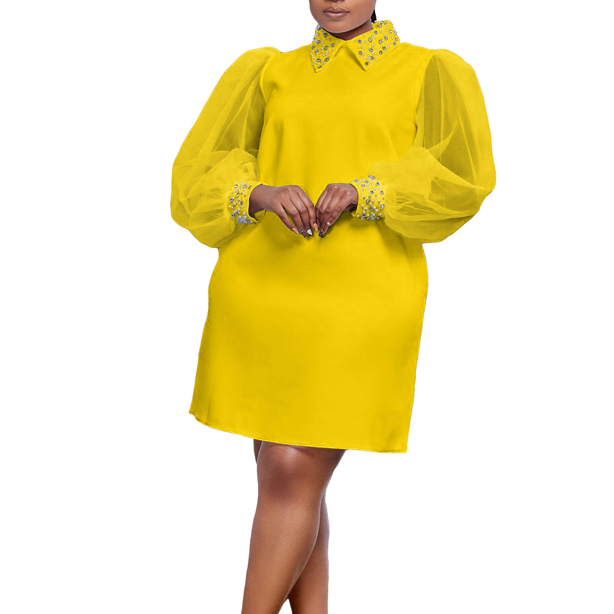 Women Loose Dresses Turn Down Collar with Beading Elegant Office Ladies Occasion Female Casual Fashion Long Tulle Sleeves Gowns