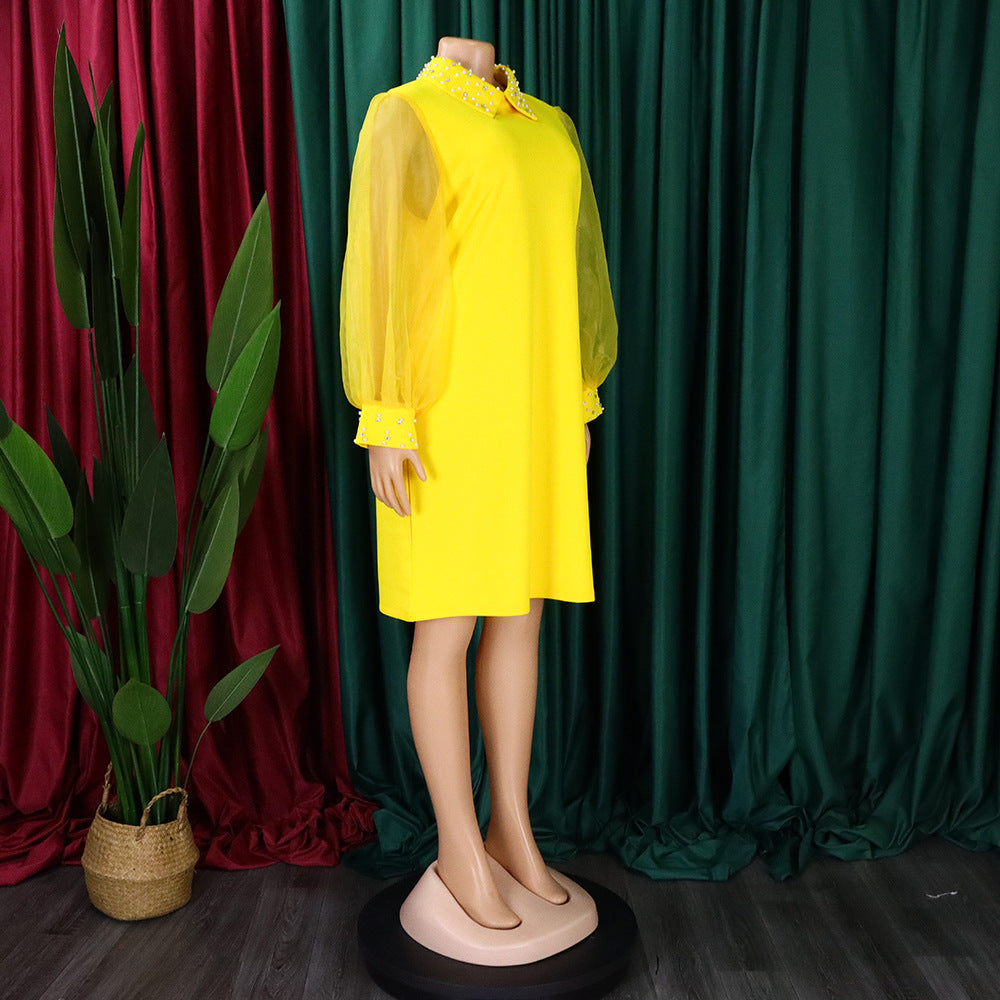 Women Loose Dresses Turn Down Collar with Beading Elegant Office Ladies Occasion Female Casual Fashion Long Tulle Sleeves Gowns