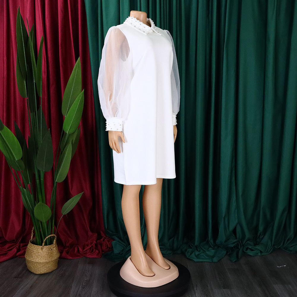 Women Loose Dresses Turn Down Collar with Beading Elegant Office Ladies Occasion Female Casual Fashion Long Tulle Sleeves Gowns