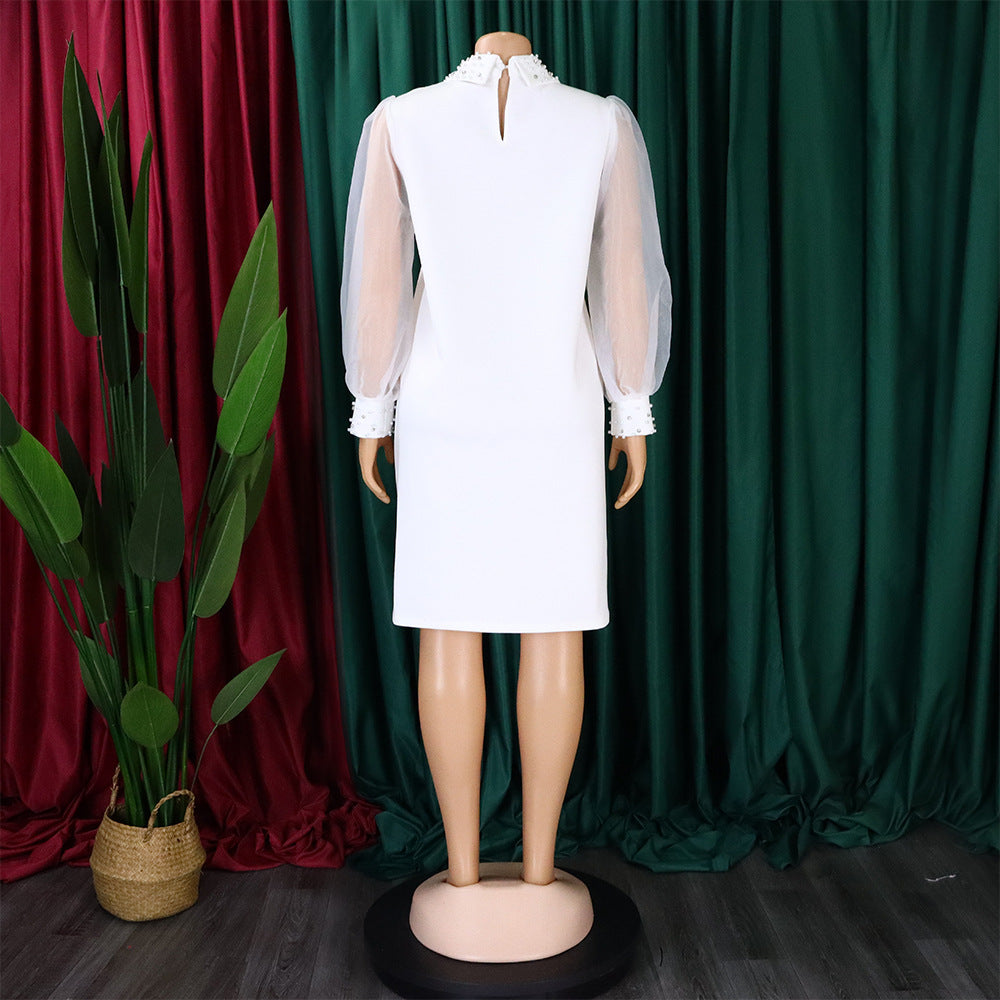 Women Loose Dresses Turn Down Collar with Beading Elegant Office Ladies Occasion Female Casual Fashion Long Tulle Sleeves Gowns