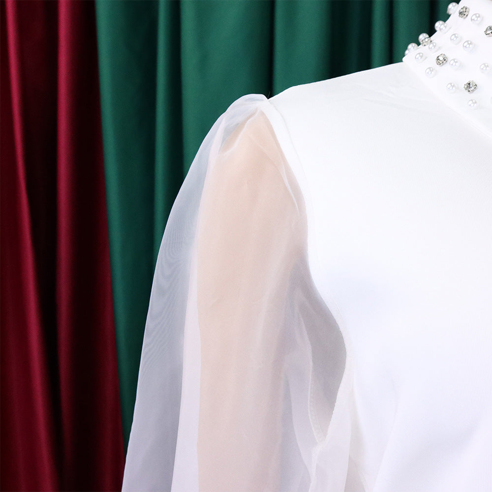 Women Loose Dresses Turn Down Collar with Beading Elegant Office Ladies Occasion Female Casual Fashion Long Tulle Sleeves Gowns