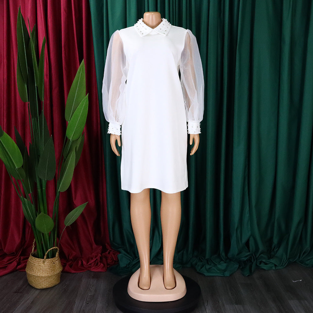 Women Loose Dresses Turn Down Collar with Beading Elegant Office Ladies Occasion Female Casual Fashion Long Tulle Sleeves Gowns