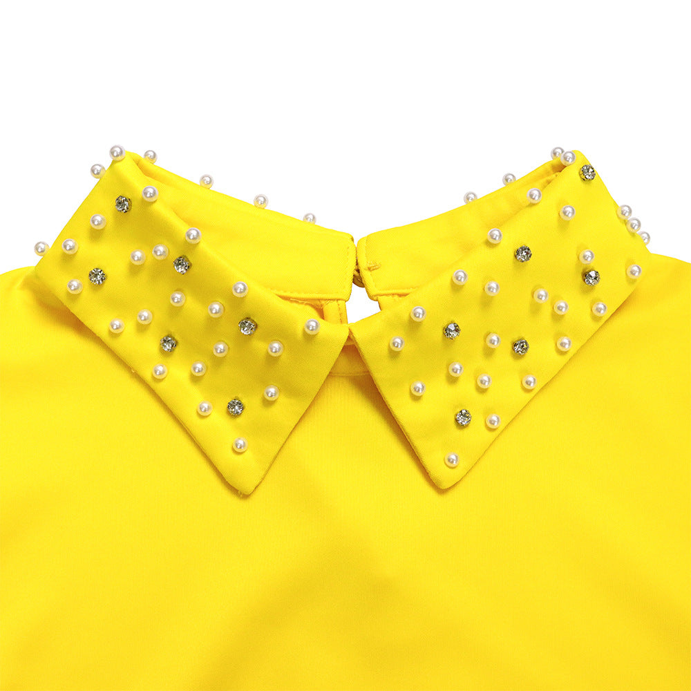Women Loose Dresses Turn Down Collar with Beading Elegant Office Ladies Occasion Female Casual Fashion Long Tulle Sleeves Gowns
