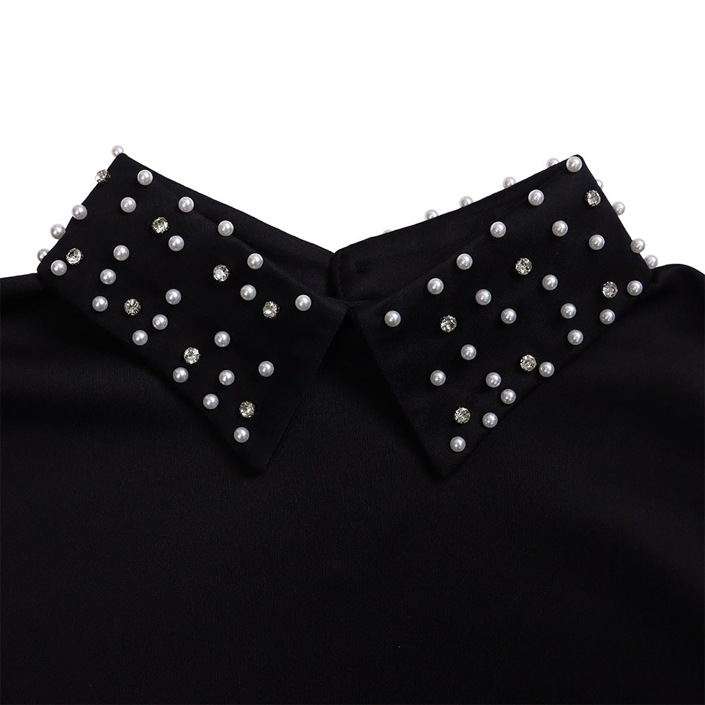 Women Loose Dresses Turn Down Collar with Beading Elegant Office Ladies Occasion Female Casual Fashion Long Tulle Sleeves Gowns