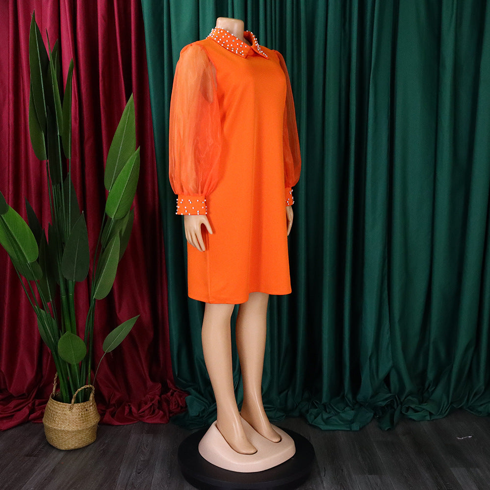 Women Loose Dresses Turn Down Collar with Beading Elegant Office Ladies Occasion Female Casual Fashion Long Tulle Sleeves Gowns