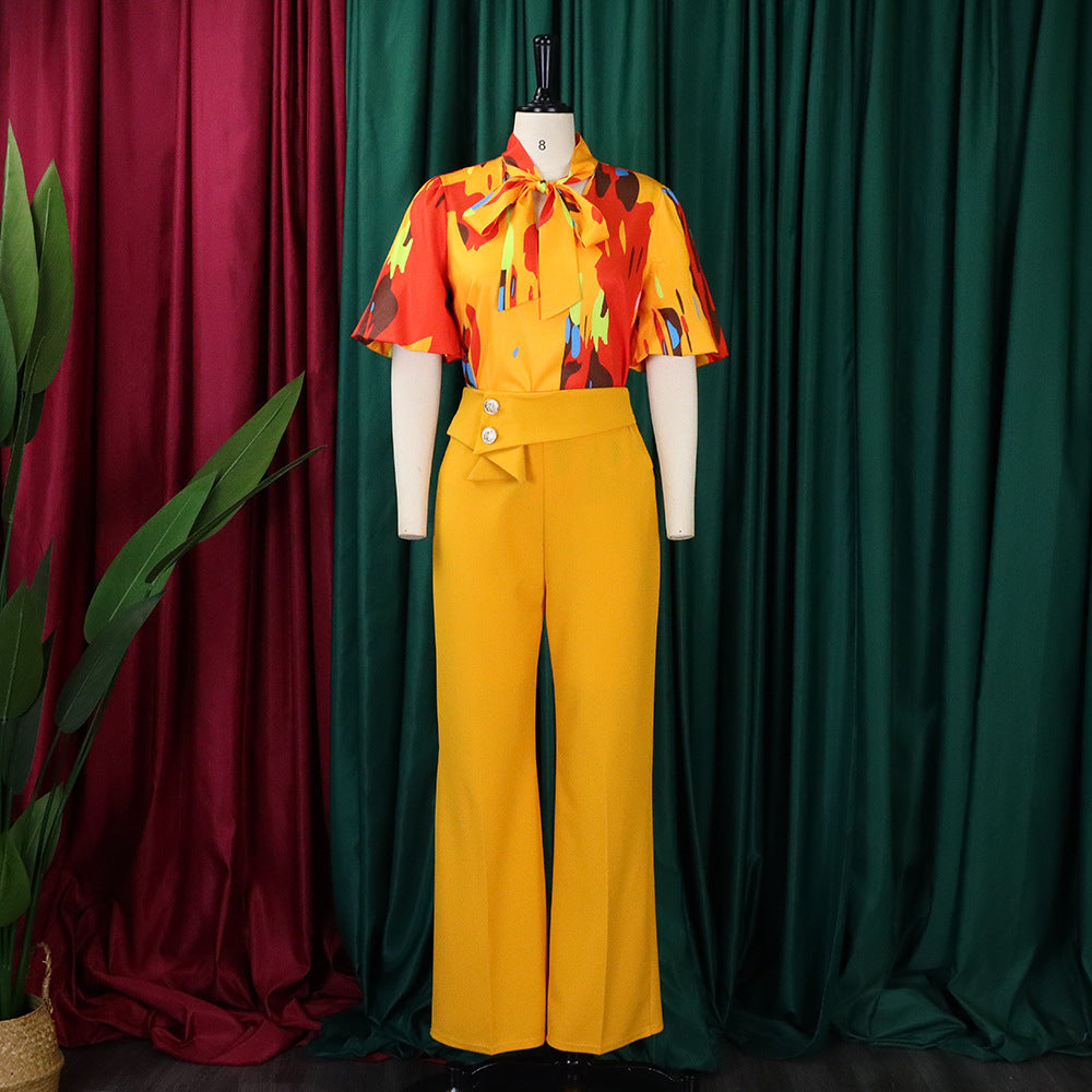 Women Two Pieces Set Printed Blouses Shirts Vintage Bow Collar with High Waist Pants Elegant Spring Fashion Office Ladies Suits