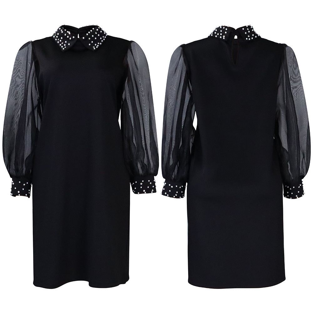 Women Loose Dresses Turn Down Collar with Beading Elegant Office Ladies Occasion Female Casual Fashion Long Tulle Sleeves Gowns