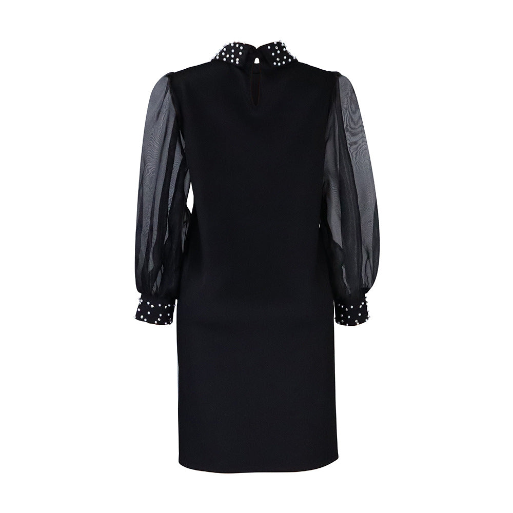 Women Loose Dresses Turn Down Collar with Beading Elegant Office Ladies Occasion Female Casual Fashion Long Tulle Sleeves Gowns