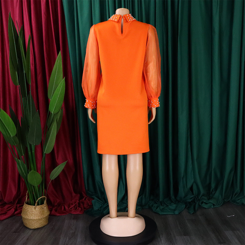 Women Loose Dresses Turn Down Collar with Beading Elegant Office Ladies Occasion Female Casual Fashion Long Tulle Sleeves Gowns