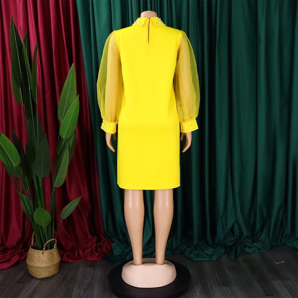 Women Loose Dresses Turn Down Collar with Beading Elegant Office Ladies Occasion Female Casual Fashion Long Tulle Sleeves Gowns