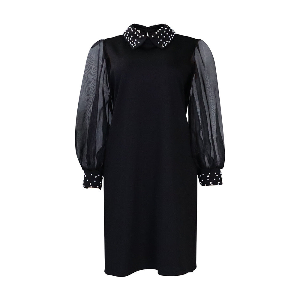 Women Loose Dresses Turn Down Collar with Beading Elegant Office Ladies Occasion Female Casual Fashion Long Tulle Sleeves Gowns