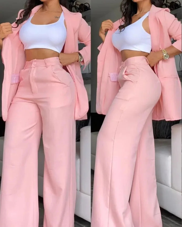 Women Pant Sets Two Piece Set Pants Turn Down Collar Single Breasted Tracksuit Outerwear Ankle Length Straight Pockets Loose